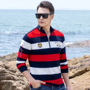 ✨ "Bruce & Shark Men’s Striped Polo Golf Shirt: Four-Season Comfort Meets Smart Casual Style! 👔