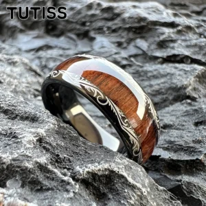 TUTISS 8mm Deep rosewood Wood Inlay Black Tungsten Ring for Men Women Fashion Engagement Wedding Band Domed Comfort Fit