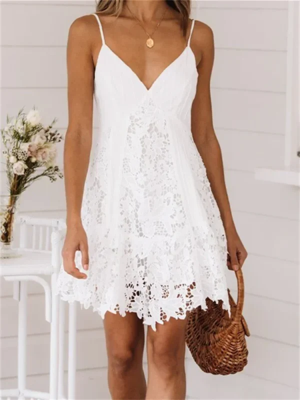 2024 Summer Bohemian White Dress Women Sleeveless Deep V Neck Lace Ruffle A-line Dress Fairycore Chic Casual Dresses Female 4