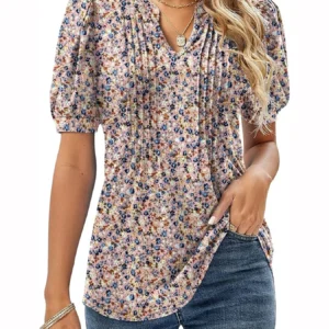 Womens Tunic Tops V Neck Shirts Short Sleeve Summer Puff Pleated Casual Blouses Puff Pleated Work Blouse Fashion Tops