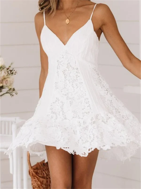 2024 Summer Bohemian White Dress Women Sleeveless Deep V Neck Lace Ruffle A-line Dress Fairycore Chic Casual Dresses Female 3