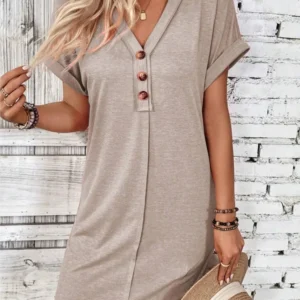 For Women Casual Trend Short Sleeve Mini Dress New Summer Fashion Solid V Neck Button Down Beach Party Dresses Femme Robe
