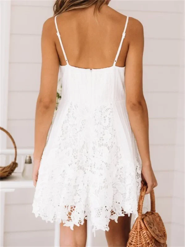 2024 Summer Bohemian White Dress Women Sleeveless Deep V Neck Lace Ruffle A-line Dress Fairycore Chic Casual Dresses Female 5
