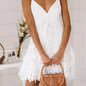2024 Summer Bohemian White Dress Women Sleeveless Deep V Neck Lace Ruffle A-line Dress Fairycore Chic Casual Dresses Female