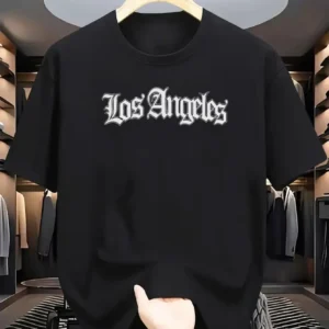 Men's summer 100% cotton fashionable casual loose sports Los Angeles letter pattern printed round neck short sleeved T-shirt top