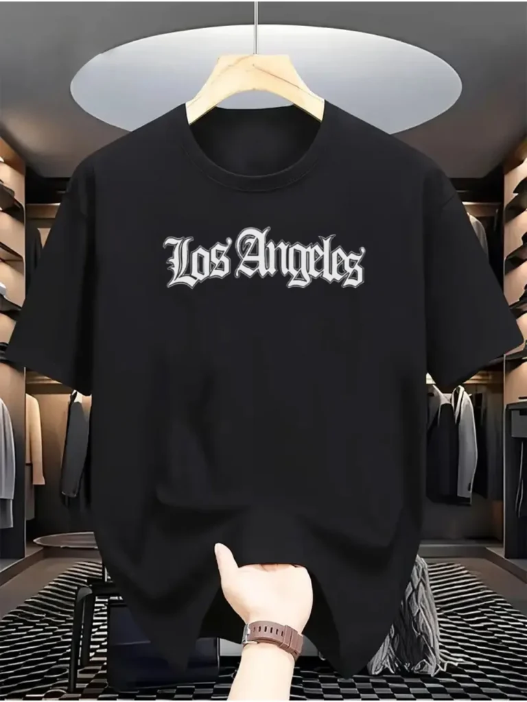 Men's summer 100% cotton fashionable casual loose sports Los Angeles letter pattern printed round neck short sleeved T-shirt top