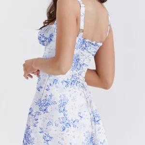 Women Mini Bodycon Dress Flower Print Low Cut Tie-Up Sleeveless Cami Dress Summer Backless Party Dress